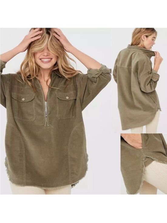 Offline Jackets & Blazers - OFFLINE S Bunker Olive Corduroy Pop Over Quarter Zip Cotton Shacket